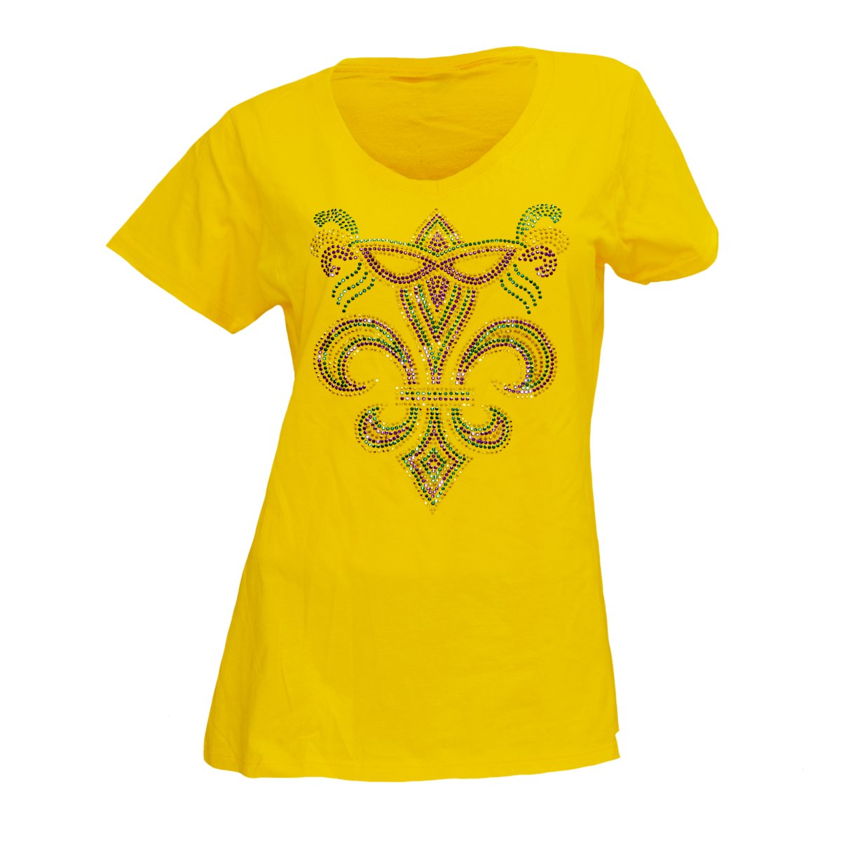 Ladies Mardi Gras Yellow Fleur De Lis And Mask Rhinestone V-Neck Tee-Shirt - Mardi Gras Apparel