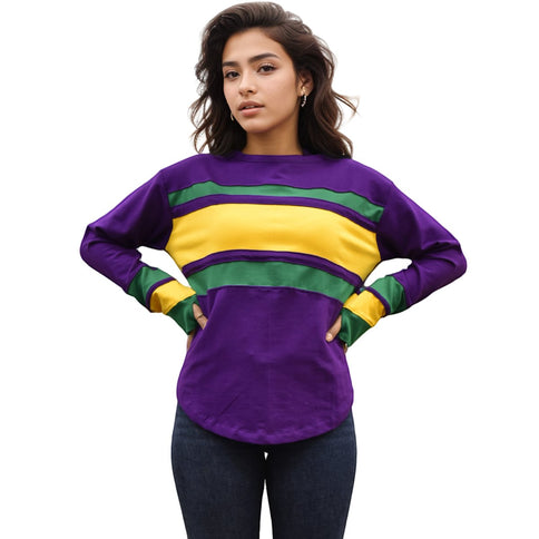 Ladies Shirt Purple Adult Long Sleeve Striped - Mardi Gras Apparel - Adult, curved bottom, Green - 