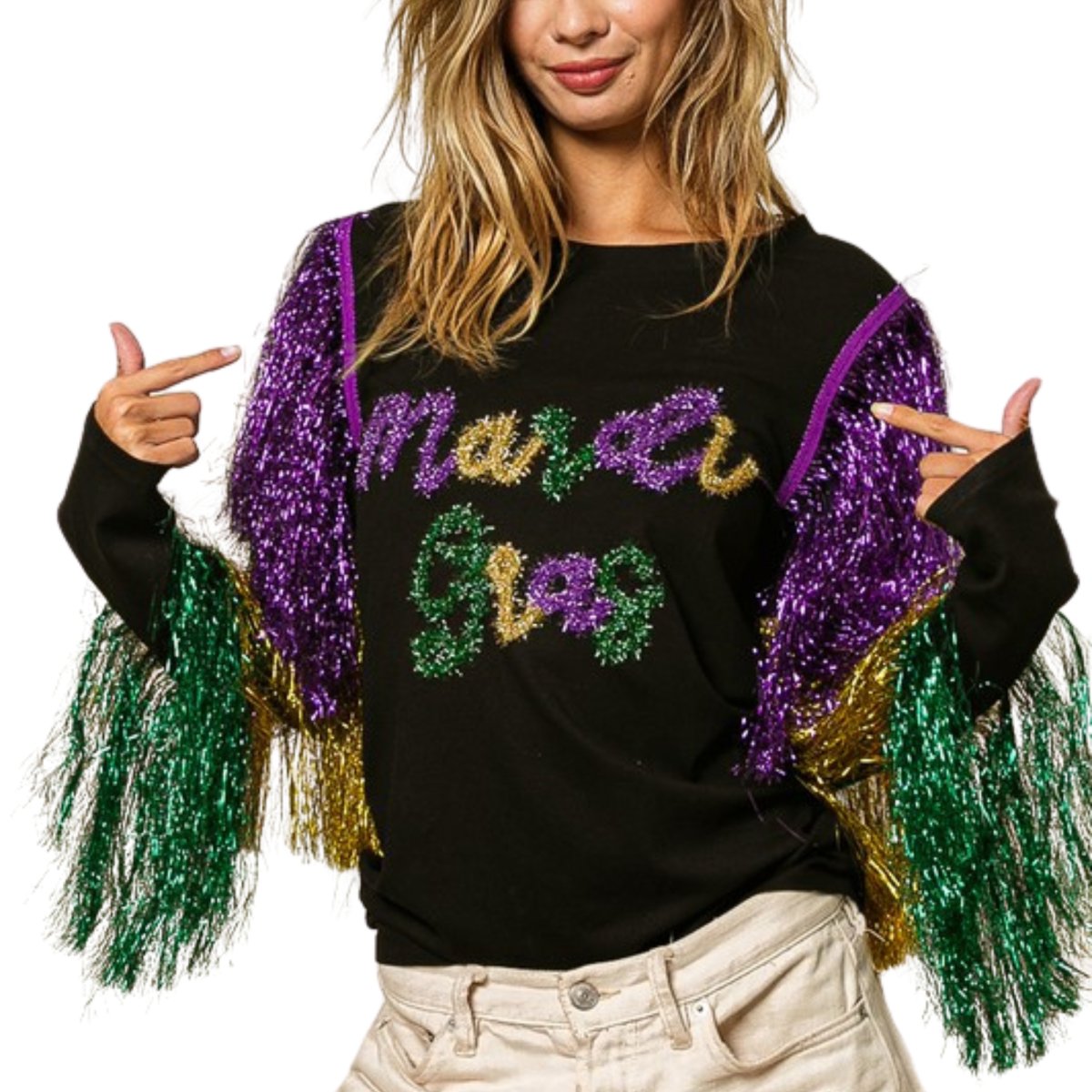 Mardi Gras Black Top With Colorful Tiered Tinsel Fringe - Mardi Gras Apparel