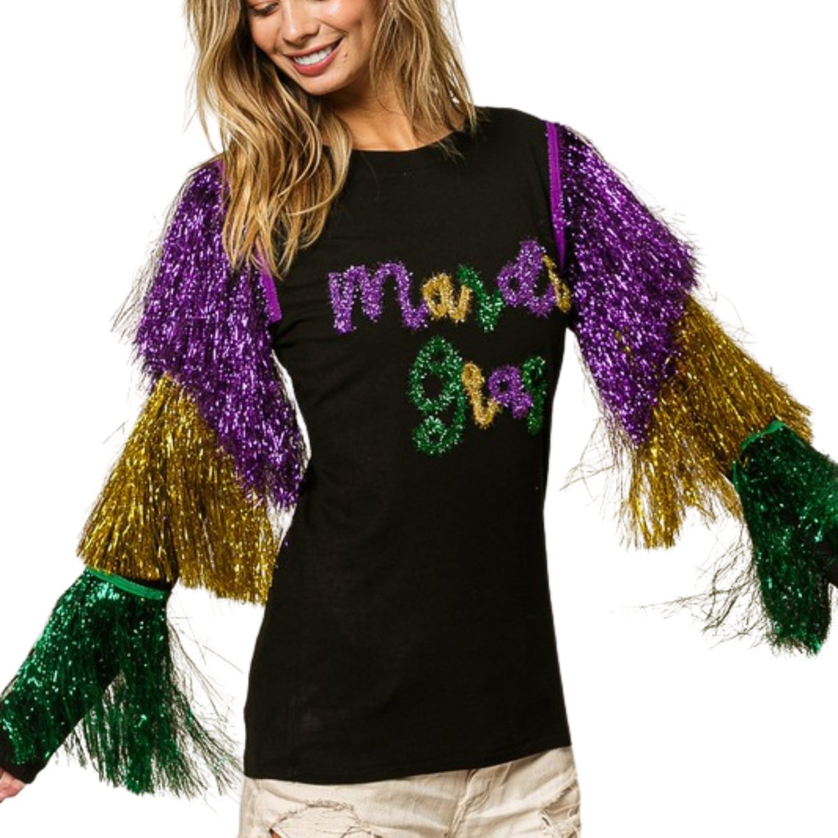 Mardi Gras Black Top With Colorful Tiered Tinsel Fringe - Mardi Gras Apparel