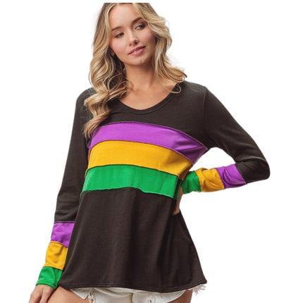 Mardi Gras Color Block Long Sleeve Black Top - Mardi Gras Apparel - Adult, Black, Gold - 