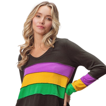 Mardi Gras Color Block Long Sleeve Black Top - Mardi Gras Apparel - Adult, Black, Gold - 