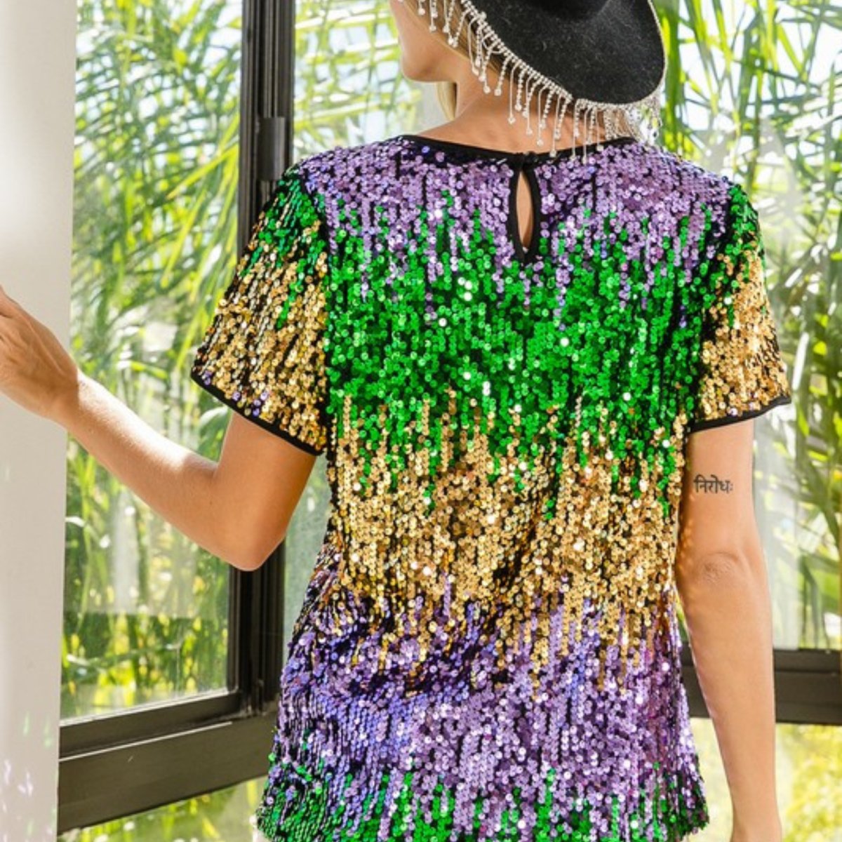Festive & Flirty Mardi Gras Sequin Bubble Sleeve Top