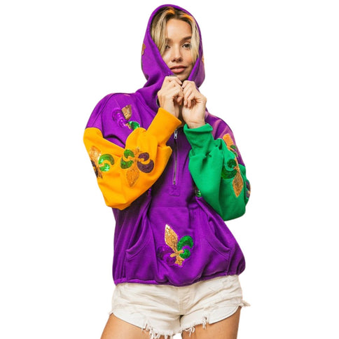 Mardi Gras Fleur De Lis Hoodie - Mardi Gras Apparel - Adult, Fleur de Lis, Gold - Hoodie Long Sleeve Sweatshirt