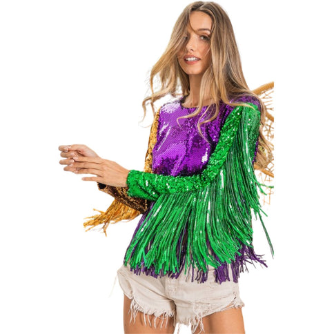 Mardi Gras Fringe Detailed Sequins Crop Top - Mardi Gras Apparel - Adult, Gold, Green - 