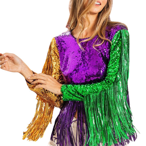 Mardi Gras Fringe Detailed Sequins Crop Top - Mardi Gras Apparel - Adult, Gold, Green - 