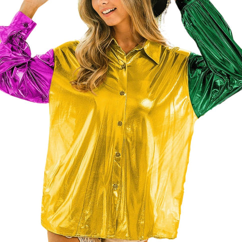 Mardi Gras Gold Metallic Silky Shirt Top - Mardi Gras Apparel - Adult, Gold, Ladies - 