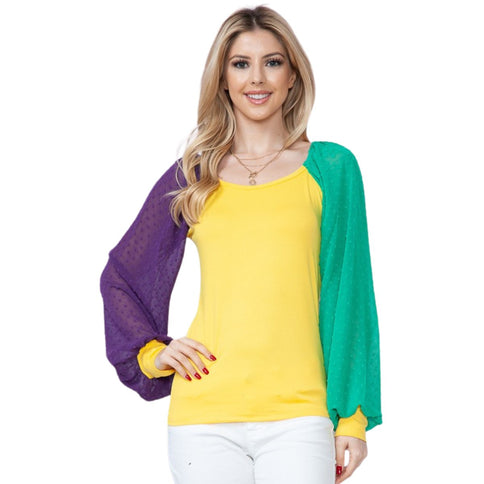 Mardi Gras Gold Top With Long Swiss Dot Sleeves - Mardi Gras Apparel - Adult, Gold, Green - 