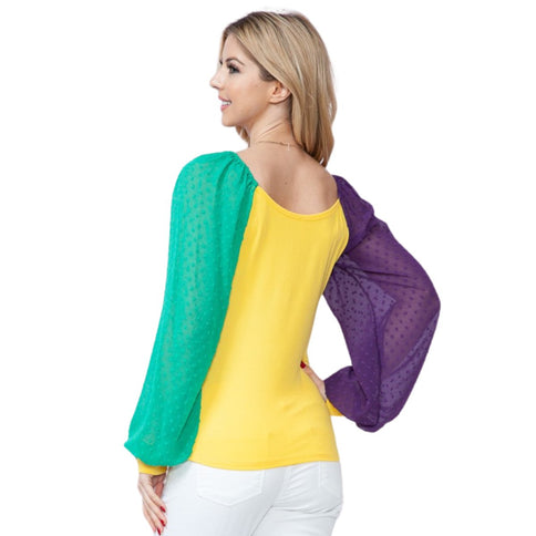Mardi Gras Gold Top With Long Swiss Dot Sleeves - Mardi Gras Apparel - Adult, Gold, Green -