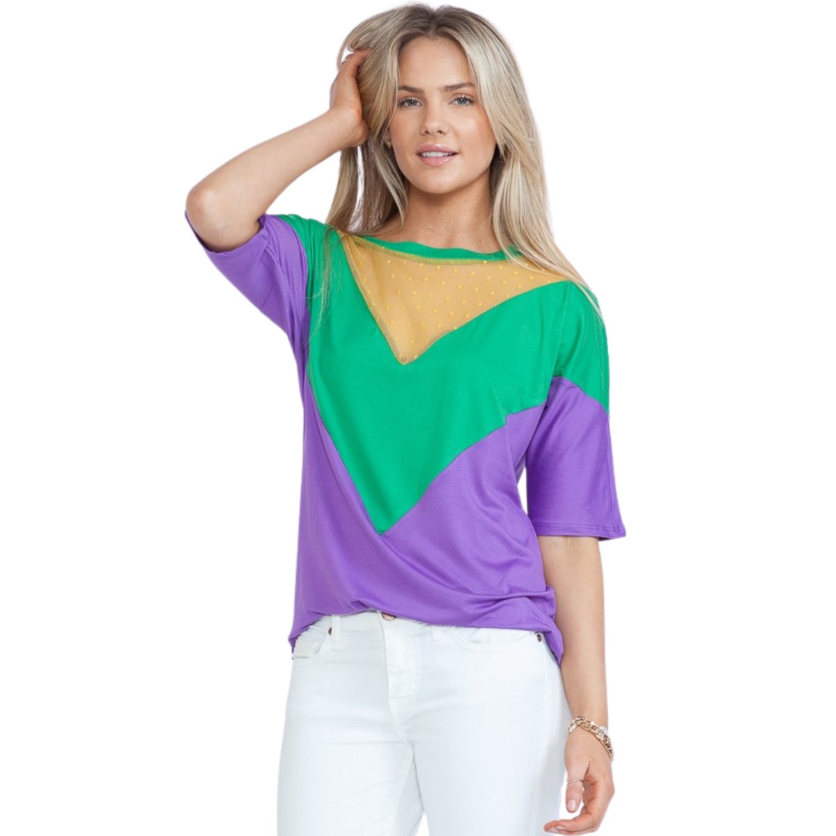 Mardi Gras Green & Purple Color Block Short Sleeve Tunic Top - Mardi Gras Apparel