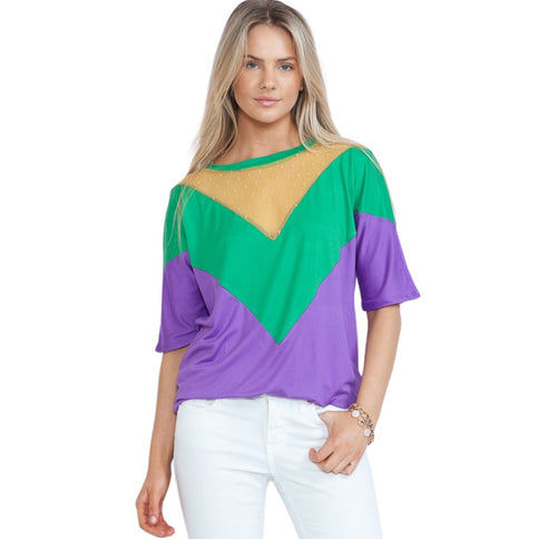 Mardi Gras Green & Purple Color Block Short Sleeve Tunic Top - Mardi Gras Apparel - Adult, Green, Ladies - 