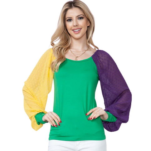 Mardi Gras Green Top With Long Swiss Dot Sleeves - Mardi Gras Apparel - Adult, Gold, Green -