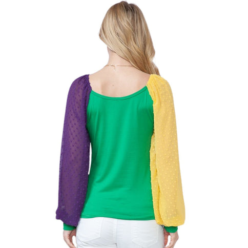 Mardi Gras Green Top With Long Swiss Dot Sleeves - Mardi Gras Apparel - Adult, Gold, Green -