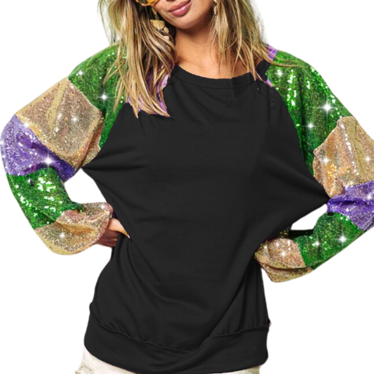 Mardi Gras Ladies Black Sequins Color Block Sleeves Top
