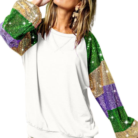 Mardi Gras Ladies White Sequins Color Block Sleeves Top - Mardi Gras Apparel - Adult, Black, Gold - 