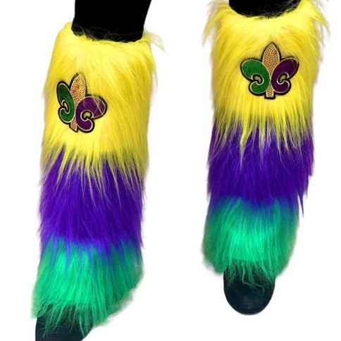 Mardi Gras Leg Warmers Fury Striped Purple Green And Gold W/ Fleur de Lis - Mardi Gras Apparel - Accessories, Adult, Gold -