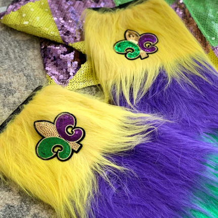 Mardi Gras Leg Warmers Fury Striped Purple Green And Gold W/ Fleur de Lis - Mardi Gras Apparel - Accessories, Adult, Gold - 