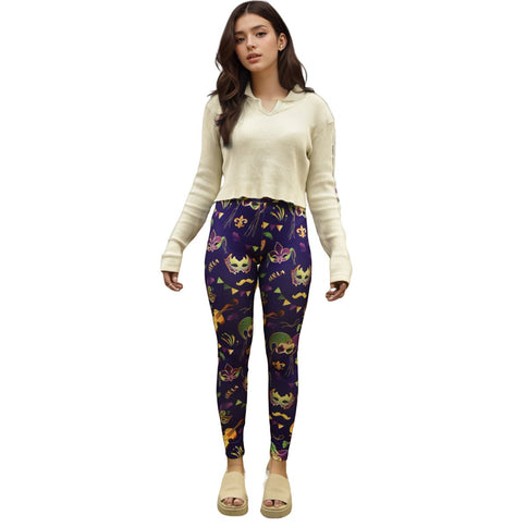 Mardi Gras Leggings Purple Mask Pattern - Mardi Gras Apparel - Adult, Ladies, Mardi Gras -