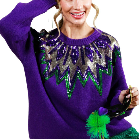 Mardi Gras Long Sleeve Sequin Detail Sweater Purple Top - Mardi Gras Apparel - Adult, Crew Neck, Ladies -