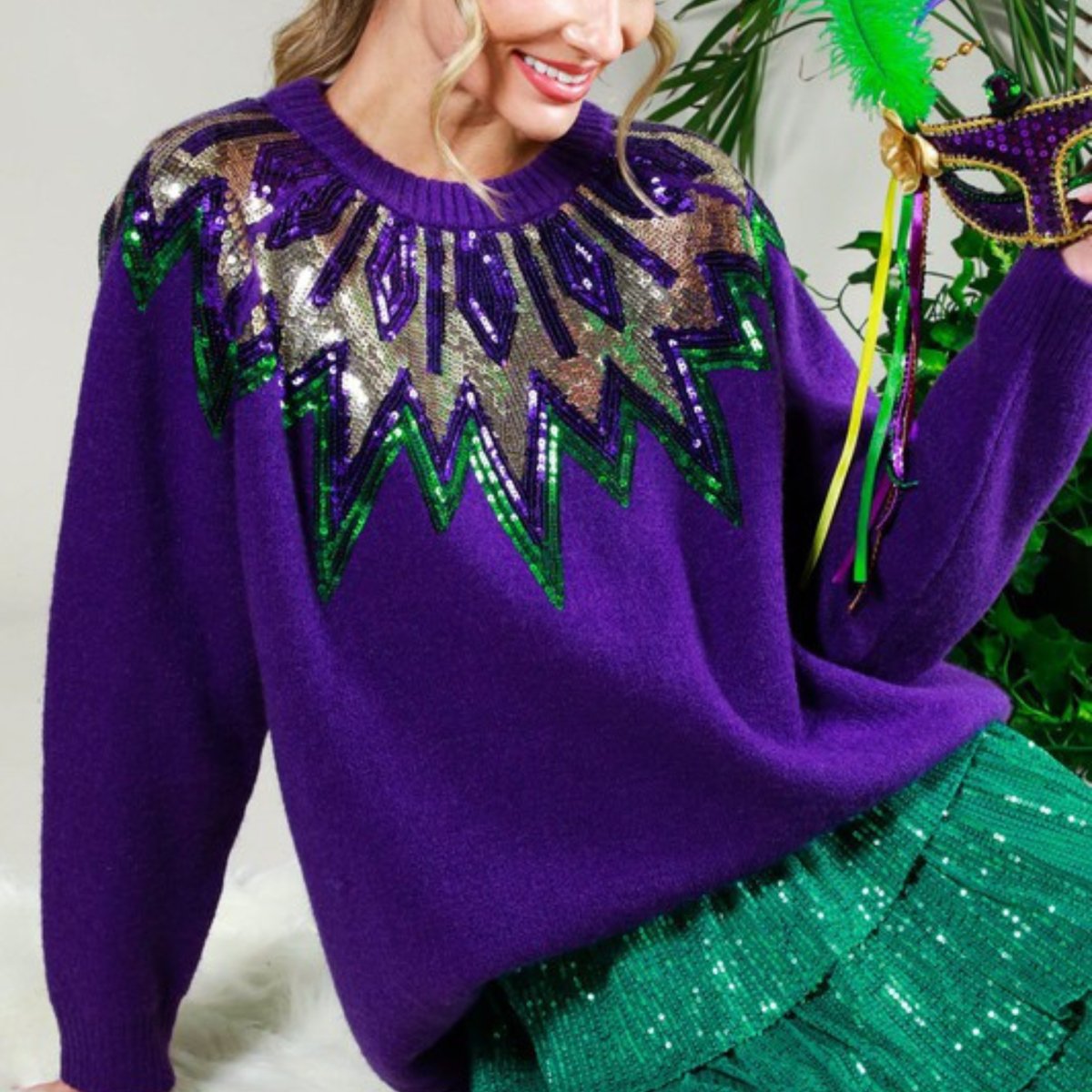 Mardi Gras Long Sleeve Sequin Detail Sweater Purple Top - Mardi Gras Apparel