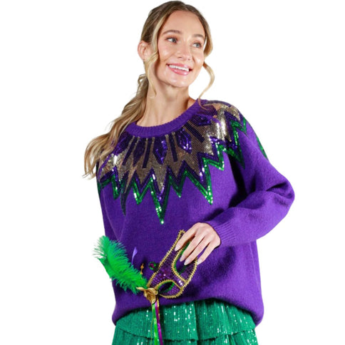Mardi Gras Long Sleeve Sequin Detail Sweater Purple Top - Mardi Gras Apparel - Adult, Crew Neck, Ladies -