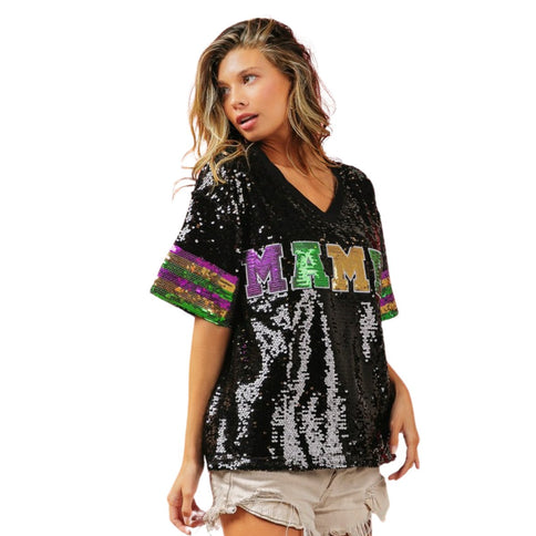 Mardi Gras Mambo Sequin V - Neck Black Top - Mardi Gras Apparel - Adult, Front Design, Gold -