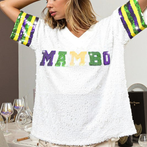 Mardi Gras Mambo Sequin V - Neck White Top - Mardi Gras Apparel - Adult, Front Design, Gold -