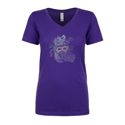 Mardi Gras Mask Rhinestone V - Neck Tee - Shirt - Mardi Gras Apparel - 100% Cotton, Adult, Black - Rhinestone Tee - Shirt