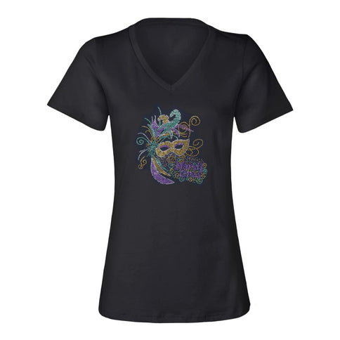 Mardi Gras Mask Rhinestone V - Neck Tee - Shirt - Mardi Gras Apparel - 100% Cotton, Adult, Black - Rhinestone Tee - Shirt