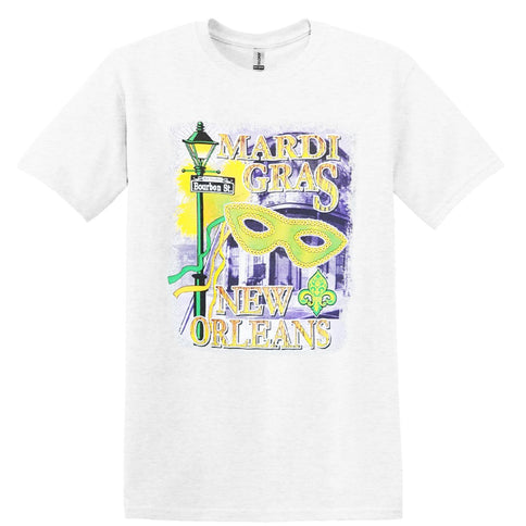 Mardi Gras New Orleans Bourbon Street White Tee - Shirt - Mardi Gras Apparel - 100% Cotton, Adult, Adult Unisex - Tee - Shirt