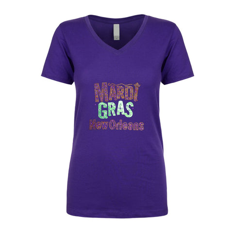 Mardi Gras New Orleans V - Neck Rhinestone Tee - shirt - Mardi Gras Apparel - 100% Cotton, Adult, Black - Rhinestone Tee - Shirt