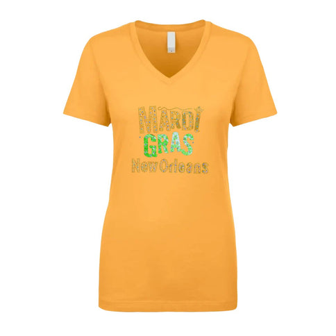 Mardi Gras New Orleans V - Neck Rhinestone Tee - shirt - Mardi Gras Apparel - 100% Cotton, Adult, Black - Rhinestone Tee - Shirt