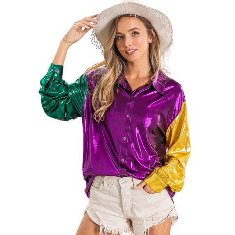 Mardi Gras Purple Metallic Silky Shirt Top - Mardi Gras Apparel - Adult, Gold, Green - 