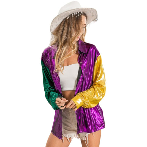 Mardi Gras Purple Metallic Silky Shirt Top - Mardi Gras Apparel - Adult, Gold, Green - 