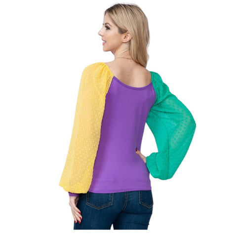 Mardi Gras Purple Top With Long Swiss Dot Sleeves - Mardi Gras Apparel - Adult, Gold, Green - 