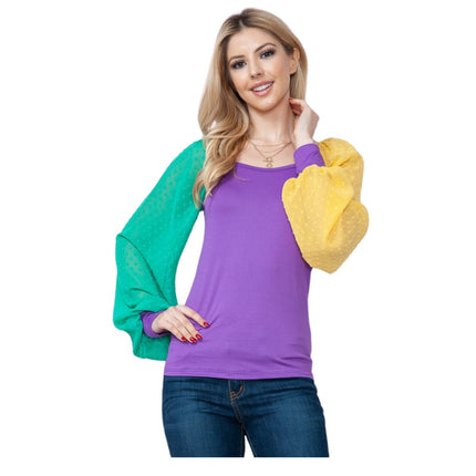 Mardi Gras Purple Top With Long Swiss Dot Sleeves - Mardi Gras Apparel - Adult, Gold, Green - 