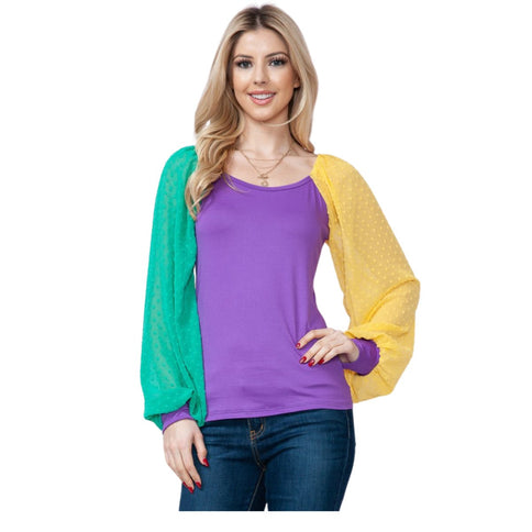 Mardi Gras Purple Top With Long Swiss Dot Sleeves - Mardi Gras Apparel - Adult, Gold, Green - 