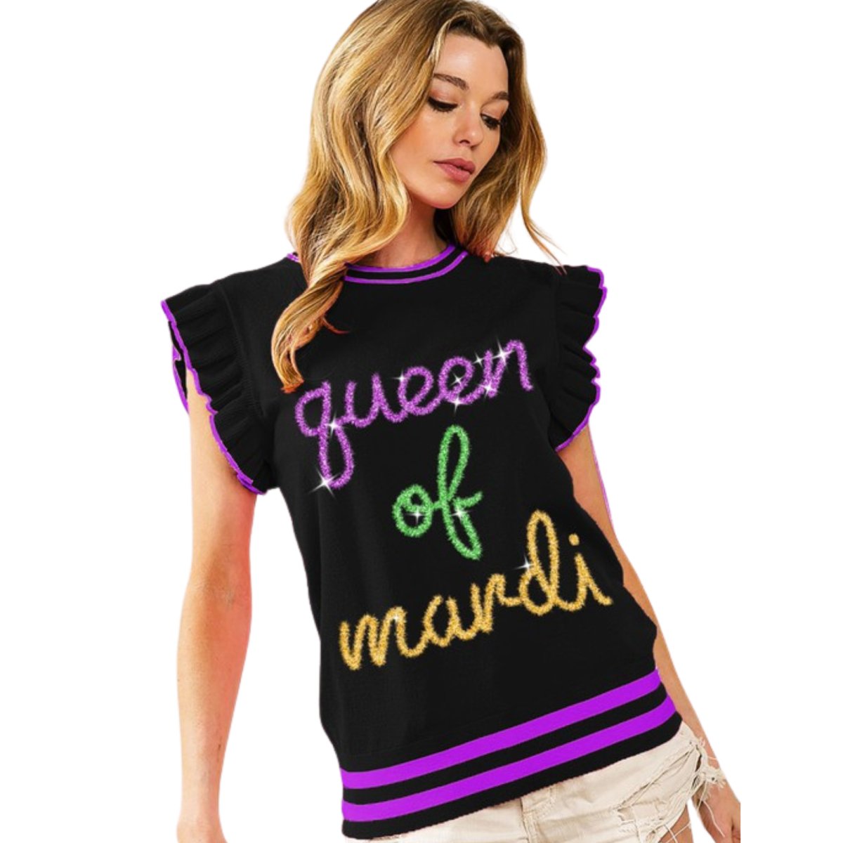 Mardi Gras Queen Of Mardi Ruffled Armhole Sleeveless Knit Black Top - Mardi Gras Apparel