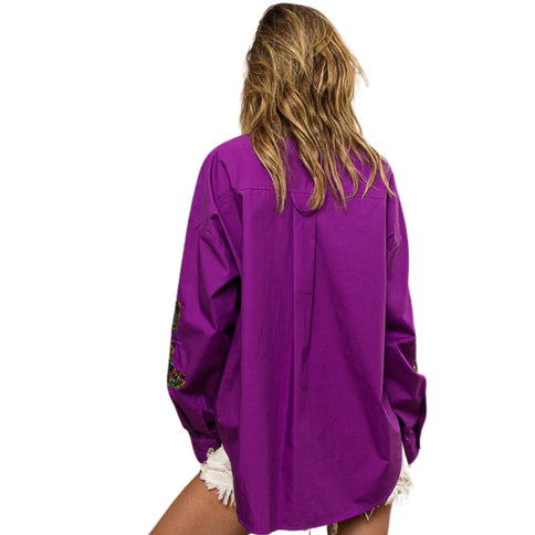 Mardi Gras Sequin Boots Embroidery Shirt - Mardi Gras Apparel - Adult, Front Design, Gold -