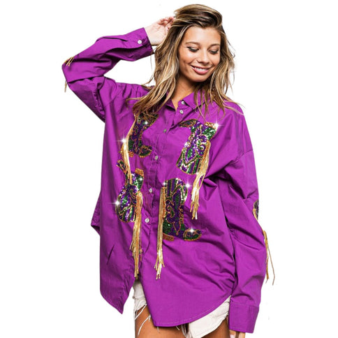 Mardi Gras Sequin Boots Embroidery Shirt - Mardi Gras Apparel - Adult, Front Design, Gold - 