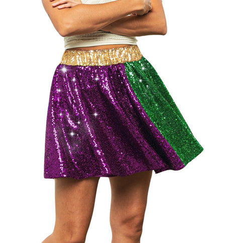 Mardi Gras Sequin Skater Mini Skirt - Mardi Gras Apparel - Adult, Green, Ladies -