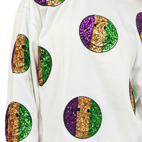 Mardi Gras Smiley Sequin Patches Sweatshirt - Mardi Gras Apparel - Adult, Ladies, Long Sleeve - 