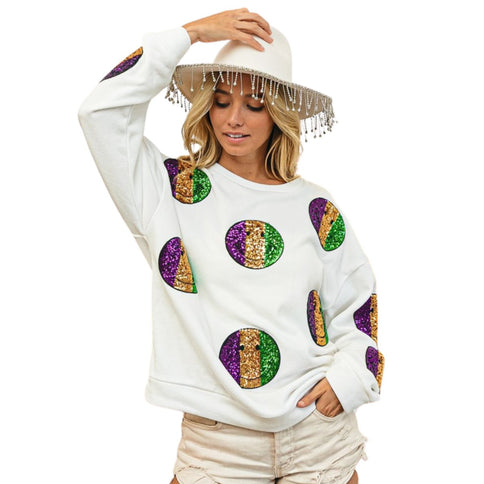 Mardi Gras Smiley Sequin Patches Sweatshirt - Mardi Gras Apparel - Adult, Ladies, Long Sleeve - 