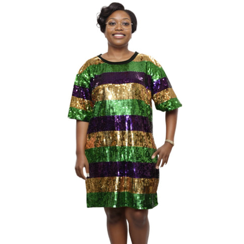 Mardi Gras Striped Sequin Celebration Dress - Mardi Gras Apparel - Adult, Dress, Gold - Dress