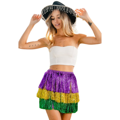 Mardi Gras Tiered Tinsel Fringe Skirt - Mardi Gras Apparel - Adult, Gold, Green - 