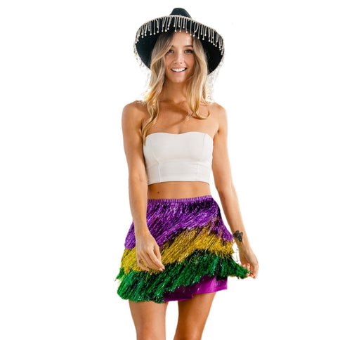 Mardi Gras Tiered Tinsel Fringe Skirt - Mardi Gras Apparel - Adult, Gold, Green - 