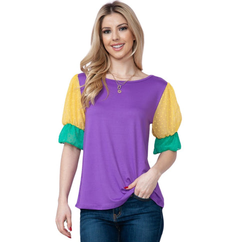 Mardi Gras Top With Short Swiss Dot Mesh Sleeves - Mardi Gras Apparel - Adult, Gold, Green - 