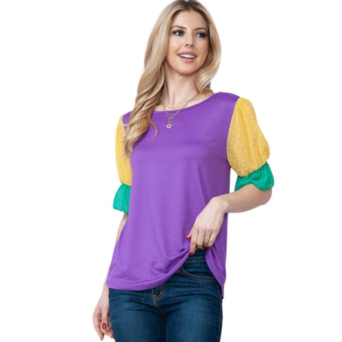 Mardi Gras Top With Short Swiss Dot Mesh Sleeves - Mardi Gras Apparel - Adult, Gold, Green -
