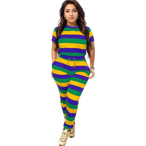 Mardi Gras Vibrant Stripe Short - Sleeve Tee & Jogger Set - Mardi Gras Apparel - Adult, Gold, Green - 