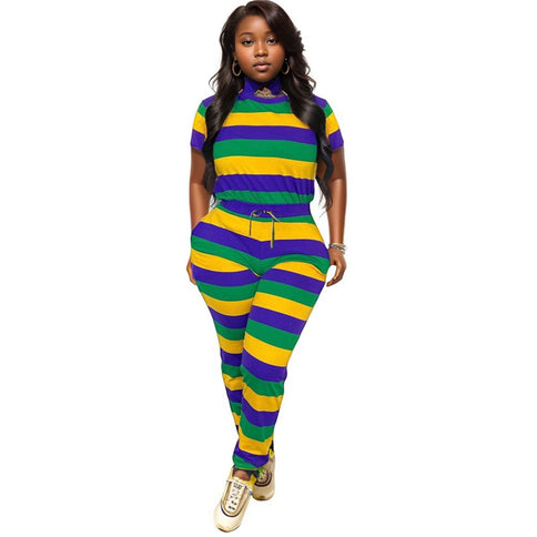 Mardi Gras Vibrant Stripe Short - Sleeve Tee & Jogger Set - Mardi Gras Apparel - Adult, Gold, Green -
